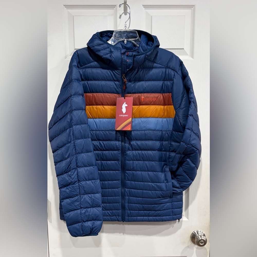 Cotopaxi Men’s Large Fuego Hooded Down Puffer Jacket Blue Deep Sea Stripes NWT